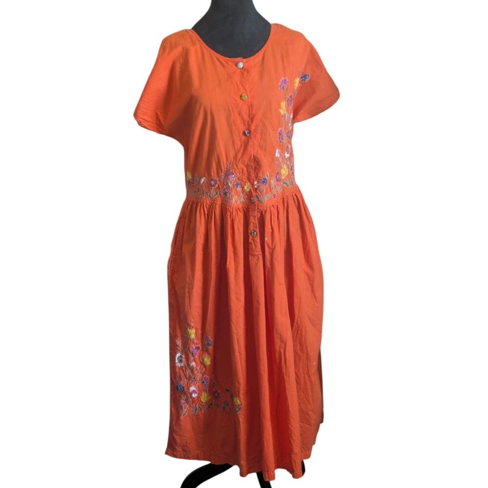 VTG Jennifer Logan Embroidered Cotton Dress Large Orange Prairie Cottagecore